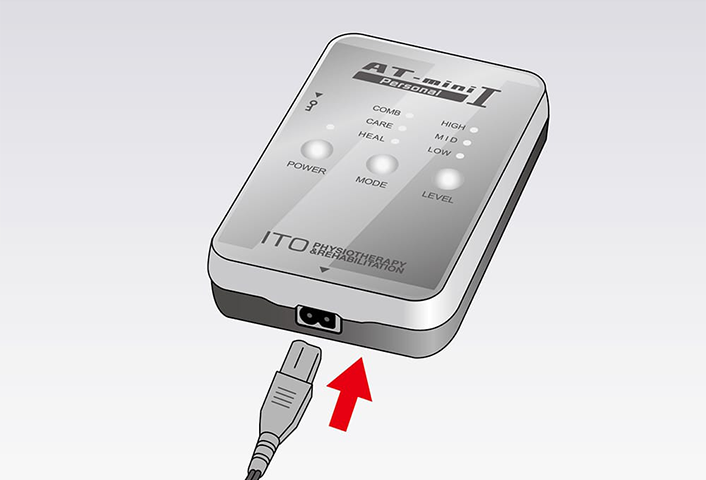 接続コードをヒーリングカレント導子のリング型電極ケーブルと粘着パッドに差し込み、使用する製品と接続するイラスト